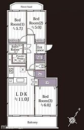 柏ハイム3号棟 3LDKの間取図画像