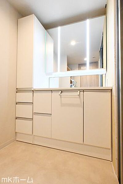 大きな鏡と洗面台が付いた洗面化粧台は収納も豊富！買い置きした日用品などまとめて収納する事が出来ます！