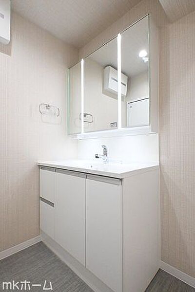大きな鏡と洗面台が付いた洗面化粧台は収納も豊富！買い置きした日用品などまとめて収納する事が出来ます！