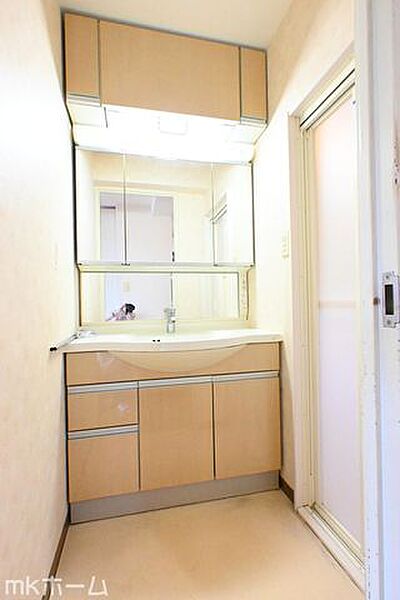 大きな鏡と洗面台が付いた洗面化粧台は収納も豊富！買い置きした日用品などまとめて収納する事が出来ます！