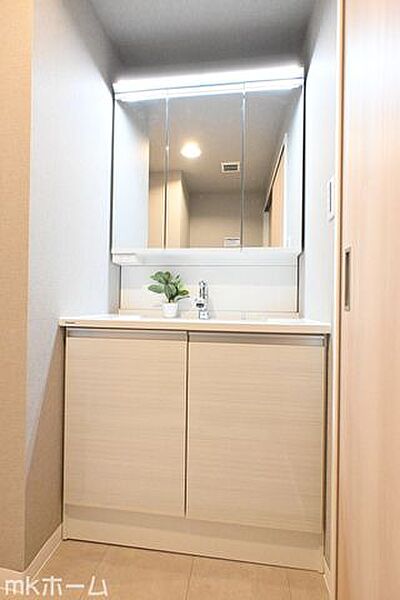 大きな鏡と洗面台が付いた洗面化粧台は収納も豊富！買い置きした日用品などまとめて収納する事が出来ます！