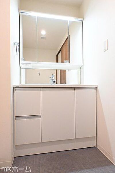 大きな鏡と洗面台が付いた洗面化粧台は収納も豊富！買い置きした日用品などまとめて収納する事が出来ます！