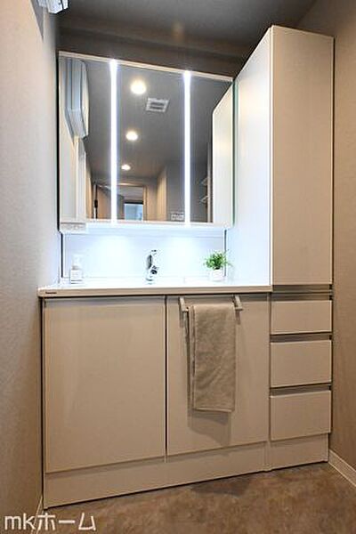 大きな鏡と洗面台が付いた洗面化粧台は収納も豊富！買い置きした日用品などまとめて収納する事が出来ます！