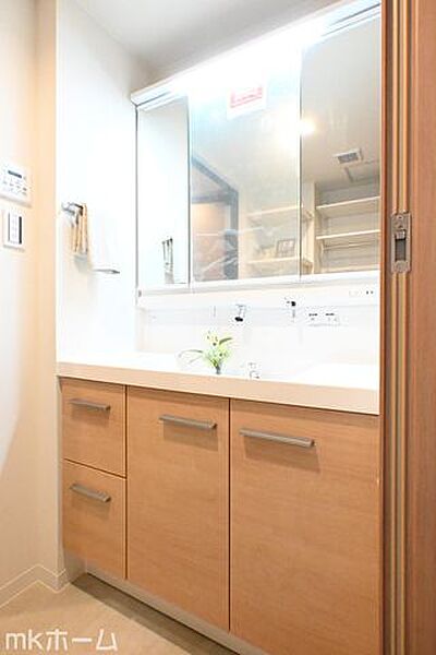 大きな鏡と洗面台が付いた洗面化粧台は収納も豊富！買い置きした日用品などまとめて収納する事が出来ます！