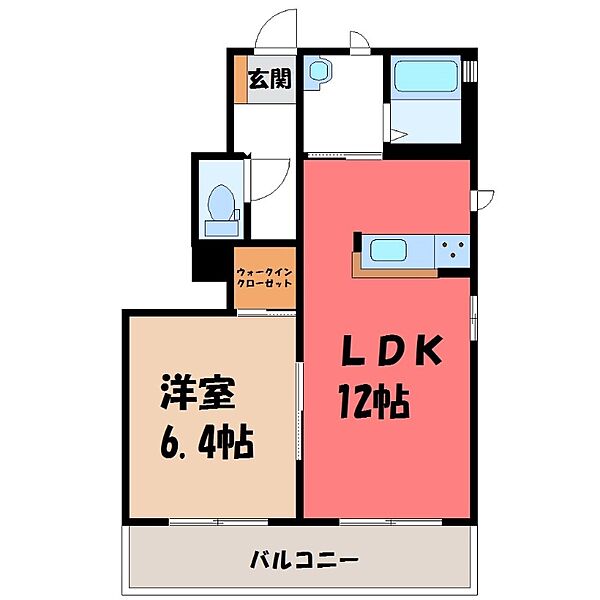 栃木県栃木市本町(賃貸アパート1LDK・1階・41.86㎡)の写真 その2