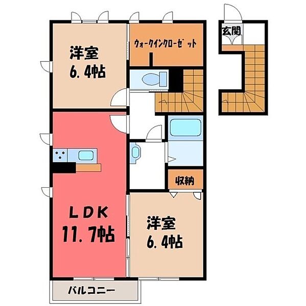 茨城県筑西市二木成(賃貸アパート2LDK・2階・66.72㎡)の写真 その2