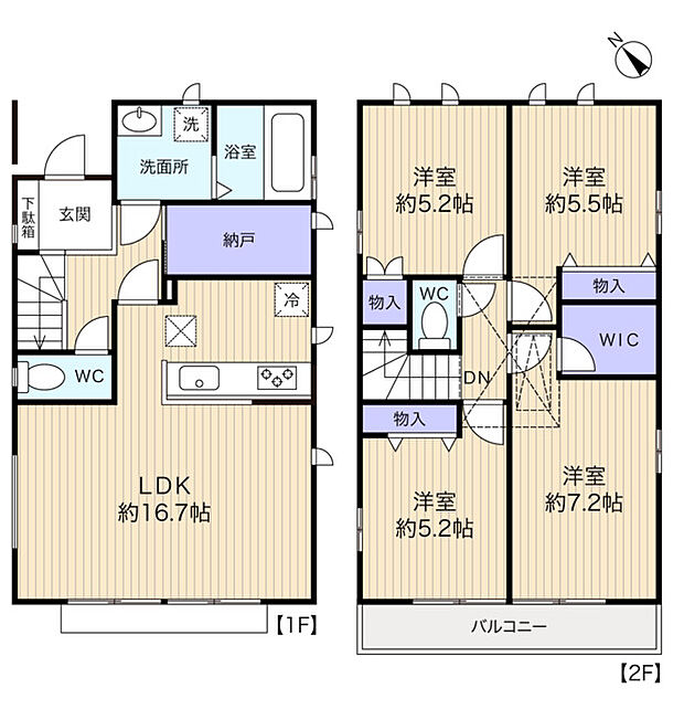 2号棟は1階には納戸2.2帖・2F主寝室にはWIC1.5帖付きです