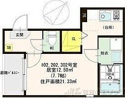 ハーモニーテラス豊新 2階ワンルームの間取り