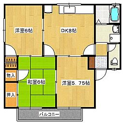 セジュール中原B棟 2階3DKの間取り