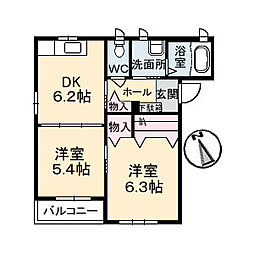 メゾン・ハマダ 3階2DKの間取り