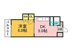 中田ビル三篠 1DKの間取図画像