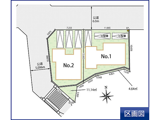 区画図　1号棟　駐車スペース3台分（うち2台は小型車）・2号棟　駐車スペース3台分