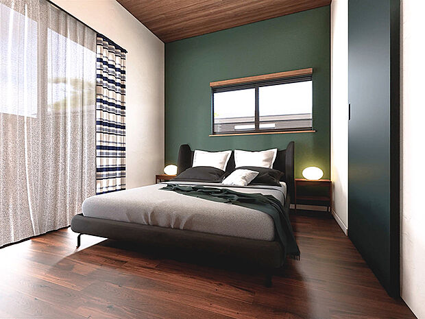 たっぷりと陽の降り注ぐ主寝室はゆとりの大きさがあり寛げます。主寝室用の大きな収納スペースは魅力の空間です。クローゼットや建具も木調の白で統一しており、アクセントクロスがお洒落を演出。（CG画像）