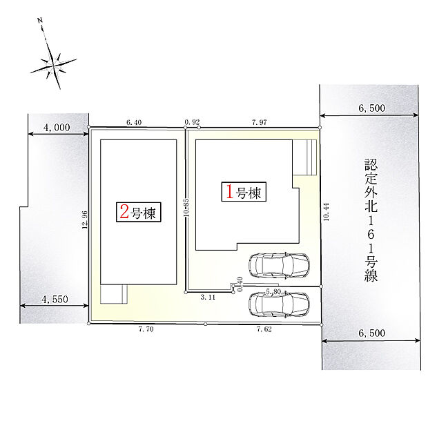 青々とした空の下、新築が立ち並びます。カースペースにゆとりがあり、住まう方々を穏やかな気持ちにさせてくれる、そんなお家です。