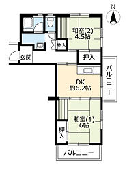 UR都市機構村上団地2-6 2DKの間取図画像