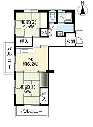 UR都市機構村上団地2-6 2DKの間取図画像
