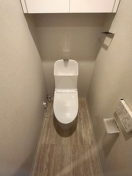 清潔感のある空間で、気持ちの良いひとときを。上部には収納棚も備わり、トイレットペーパーなどのストックもすっきり収まります。
