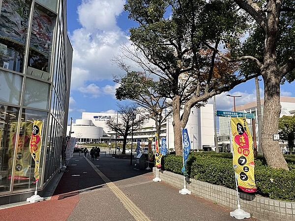 広々とした空の下、街路樹が彩る歩道。イベントを告知する旗が並び、賑わいを感じさせる街並みです。都心でありながら自然も身近な暮らしを提案します。