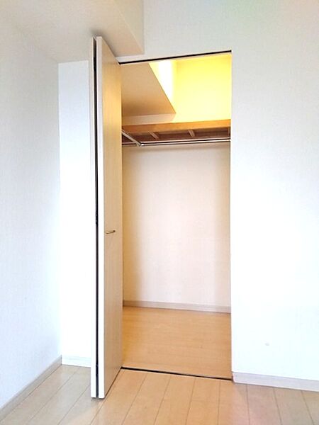 上部棚とハンガーパイプを備えた収納スペース。衣類や小物もすっきりと整理できます。