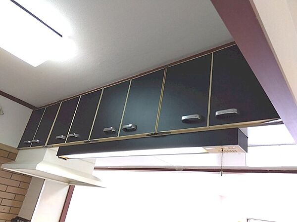 キッチン上部に設けた吊戸棚は、食器や調理器具の収納に便利です。黒い扉が空間を引き締めます。