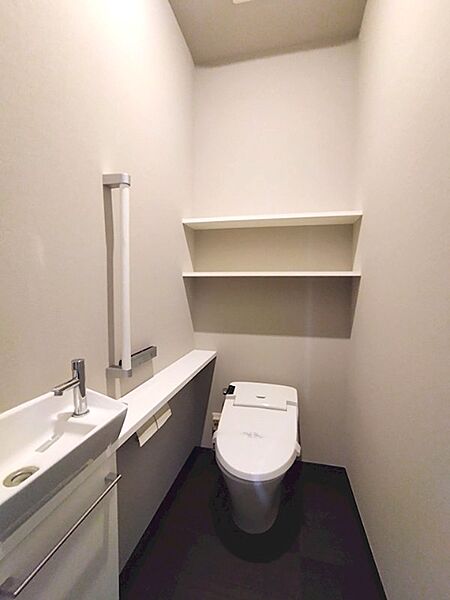 清潔感のあるトイレは、日々の生活を快適にサポートします。独立した手洗いカウンターと収納棚で、空間を有効活用いただけます。