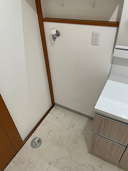 明るい色調で清潔感のある洗面台・洗濯機置き場です。洗面台下収納で日用品もすっきり収納できます。棚受け金具があり、棚板を設置することで収納力を高められます。
