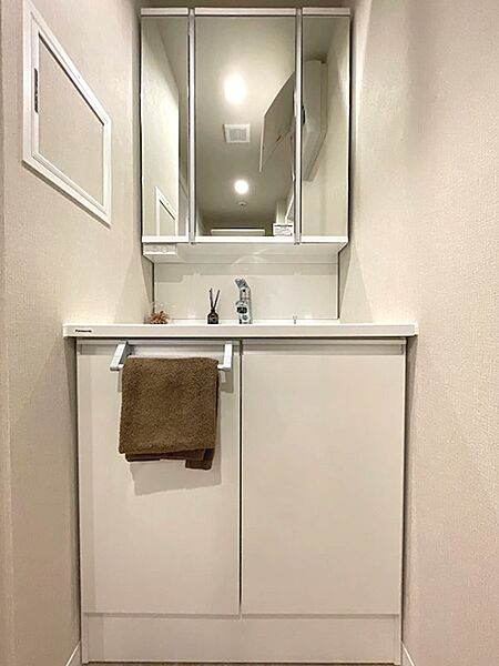 身だしなみを整える洗面台は、機能性と収納を兼ね備えた三面鏡タイプ。日々の準備をスムーズにサポートします。