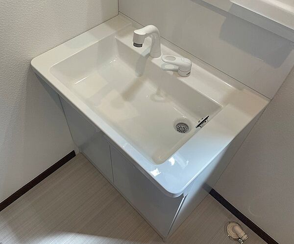 清潔感あふれる洗面台で、気持ちの良い朝を迎えられます。収納スペースも確保され、日用品もすっきりと整理できます。