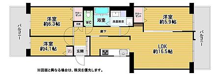 3LDKの間取りは、ご家族でのびのび過ごせる広々とした約16.5帖のLDKが魅力です。全居室にクローゼット完備で収納も充実しています。