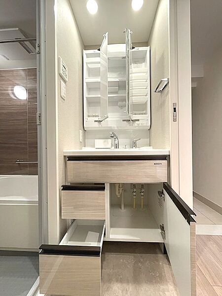 使いやすい三面鏡と豊富な収納で、洗面台周りをすっきりと整頓できます。身支度もスムーズに行え、毎日の生活をサポートします。