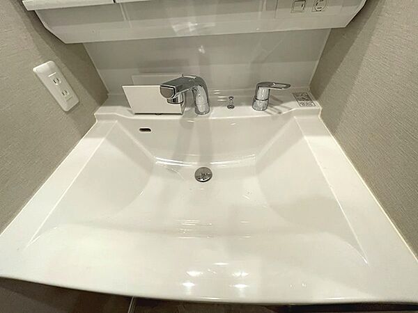 清潔感のある白い洗面台。洗髪にも便利なシャワー水栓と、コンセント付きで朝の準備もスムーズです。