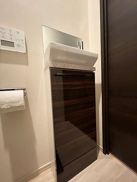 スタイリッシュな手洗いカウンターと鏡を備えたトイレ空間。収納も充実しており、いつもすっきりとした状態を保てます。落ち着いた色合いが日々の生活に安らぎをもたらします。