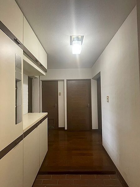 玄関には豊富な収納スペースがあり、すっきりと片付いた空間を保てます。落ち着いた色合いのフローリングが心地よい雰囲気を演出します。