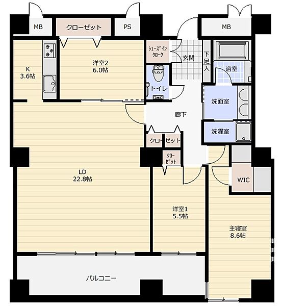 LDK約22.8帖、主寝室8.6帖でゆとりある暮らしを。豊富な収納スペースで快適な住空間が叶います。