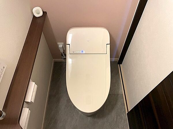 アクセントクロスが印象的なトイレ空間。収納棚も備わり、機能性とデザイン性を兼ね備えています。日々の快適を支える設備です。