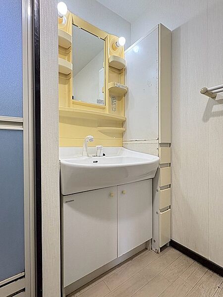 明るい照明付き洗面台で、朝の身支度もスムーズに。ミラーキャビネットには収納スペースも備わっており、小物もすっきりと整理できます。