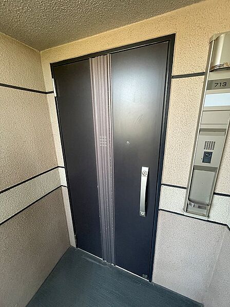 住まいの顔となる玄関ドアは、落ち着いた色合いで統一されています。インターホンと玄関灯が一体となった機能的な設備も備わっています。