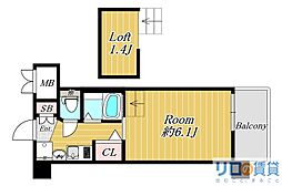 エステムコート新大阪Vソレックス 12階1Kの間取り