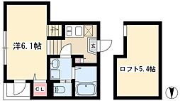 クレール城西 2階1Kの間取り