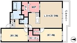 マルーン白壁 3階2LDKの間取り