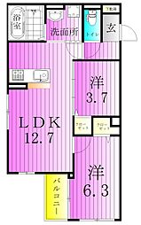 セレスティア扇V 3階2LDKの間取り