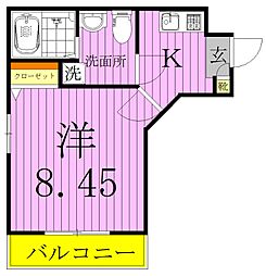 アーバハイツ扇大橋 2階1Kの間取り