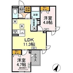 セレスティア扇III 3階2LDKの間取り
