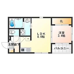 ハーモニーテラス安立IV 1階1LDKの間取り