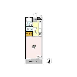 シャトーブリリアント 2階1Kの間取り