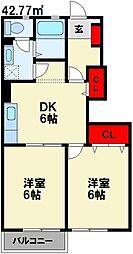 シャルマン横田 B棟 1階2DKの間取り