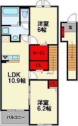 ロータス田川 1 2階2LDKの間取り