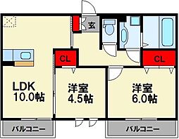 ディールーム後藤寺 A棟 2階2LDKの間取り