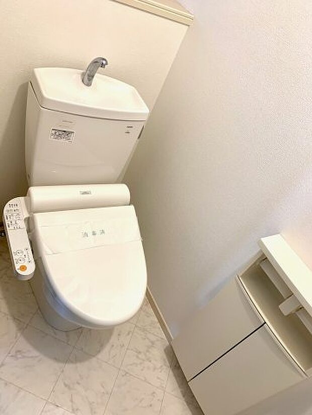 清潔で快適なシャワートイレ♪　便座を温める機能がついているので、居心地がよく、ついつい長居してしまいそうですね。　トイレットぺーバーやちょっとした小物、掃除道具がしまえる便利なキャビネットがあります。