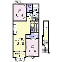 JR高山本線 東八尾駅 4.4kmの賃貸アパート 2階2LDKの間取り